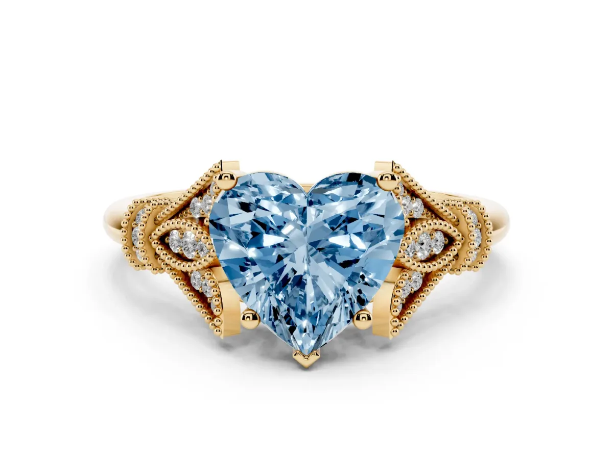 Fancy Blue Heart Cut Diamond Solitaire Ring with Floral Filigree and Pave Accents Yellow gold