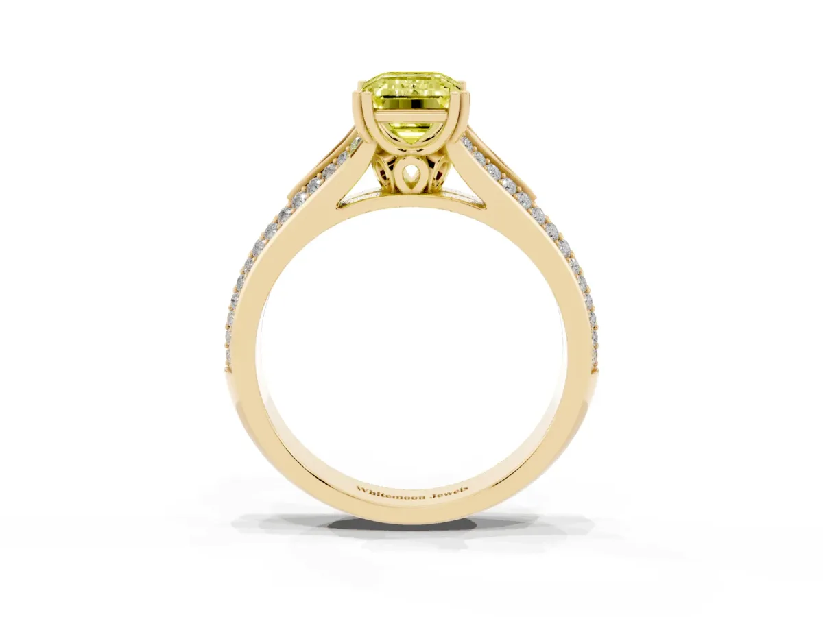 Fancy Yellow Emerald Cut Diamond Split Shank Engagement Ring with Pavé Band Yellow gold