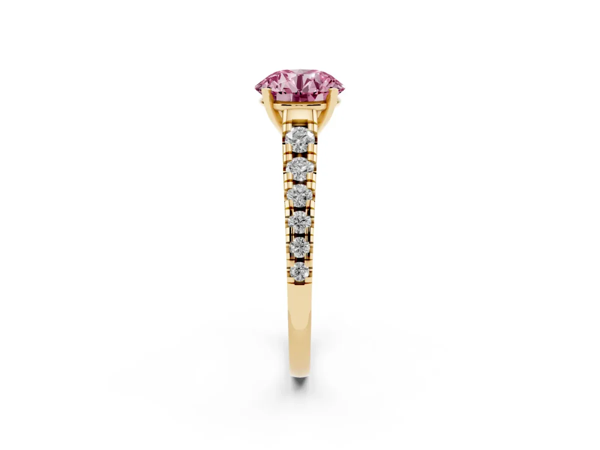 Fancy Pink Round Cut Diamond Cathedral Solitaire Ring with Round Pavé Band Yellow gold