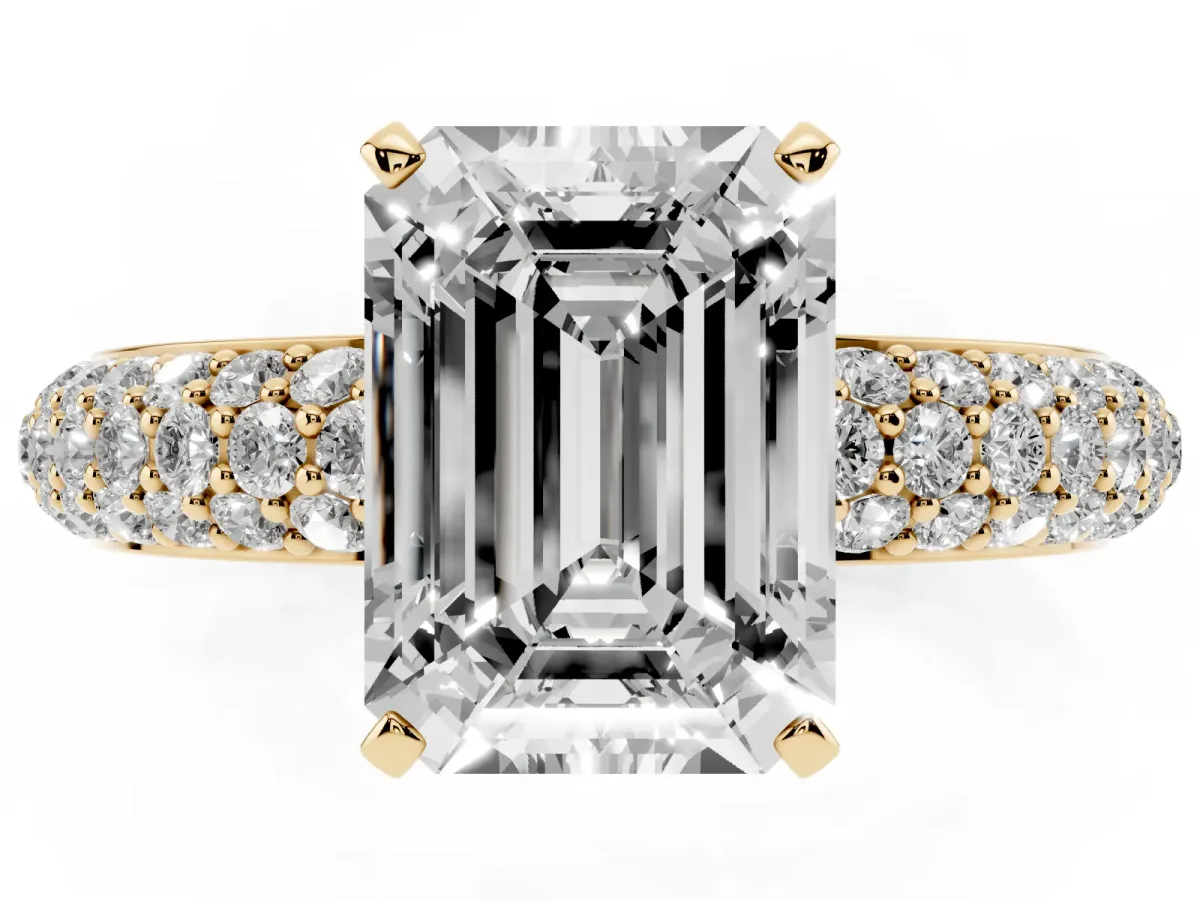 Emerald Cut Diamond Solitaire Ring with Prong Setting and Pavé Band Yellow gold