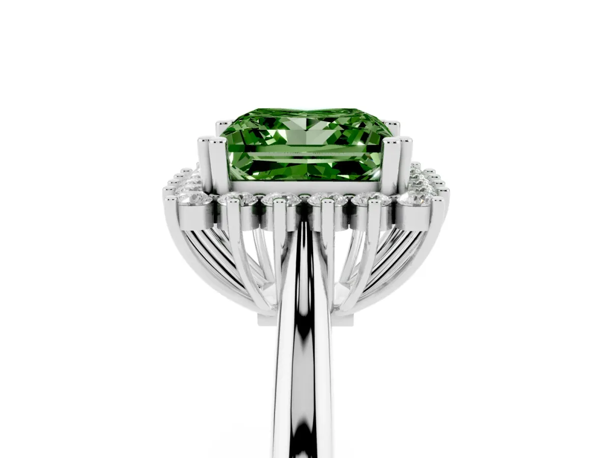 Fancy Green Princess Cut Cut Diamond Halo Ring with Solitaire Band and Prong Setting Silver