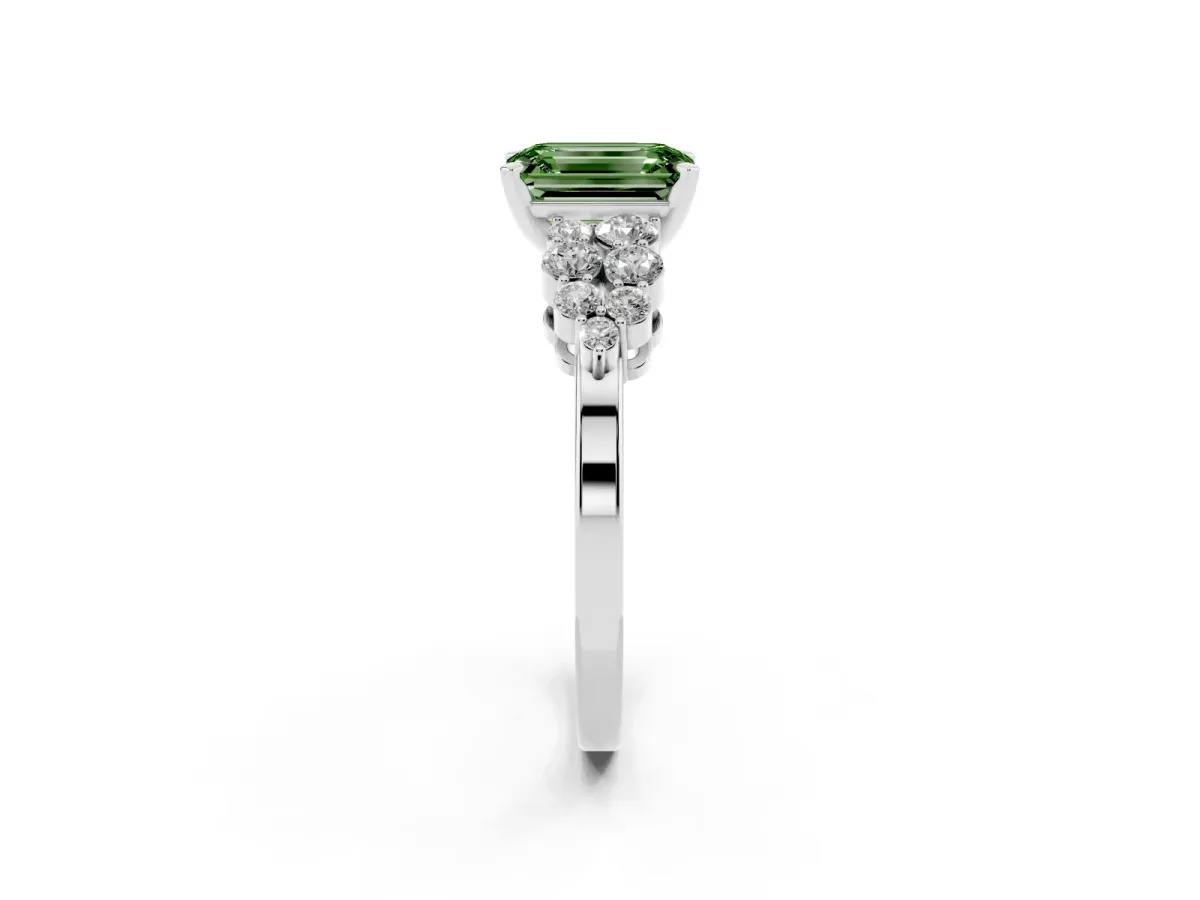 Fancy Green Emerald Cut Cluster Diamond Engagement Ring with Pavé Band and Four-Prong Setting Silver