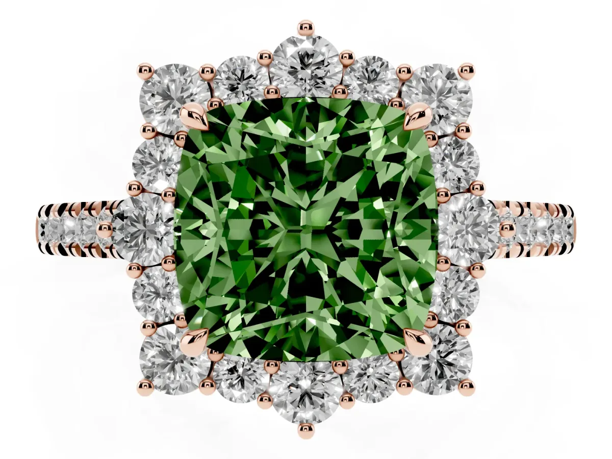 Fancy Green Cushion Cut Halo Diamond Ring with Pavé Band and Prong Setting Rose gold