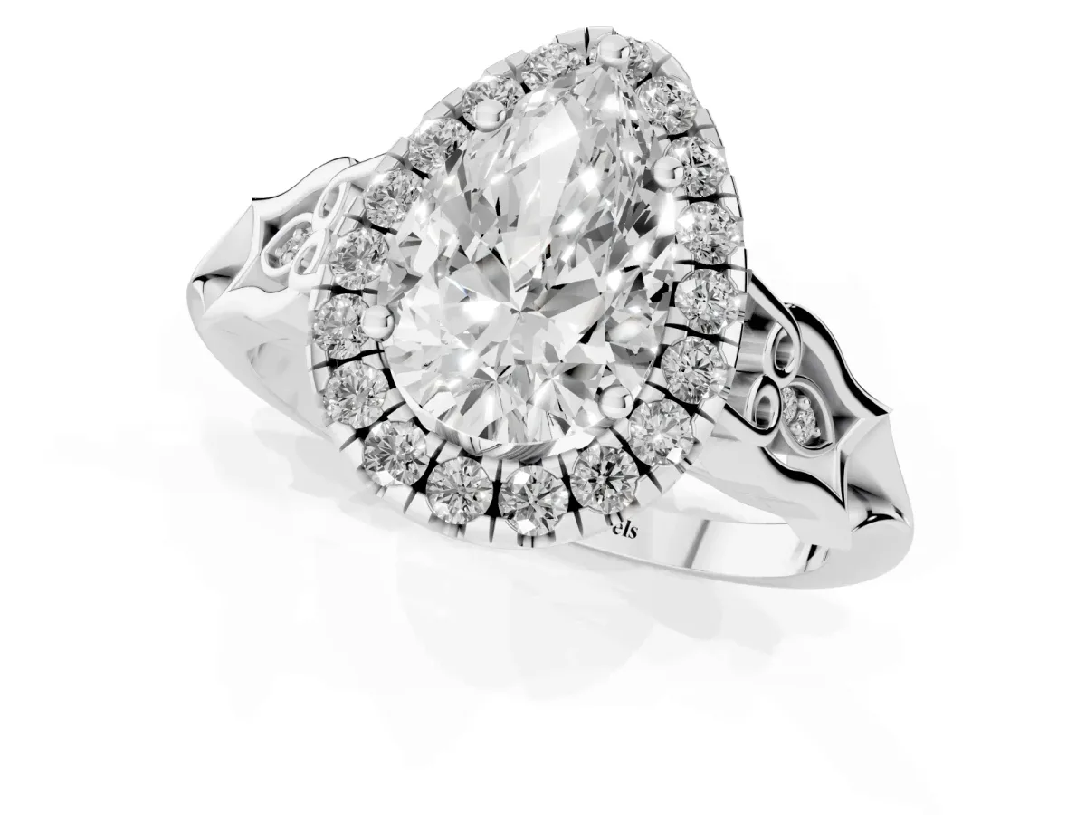 Pear Cut Halo Diamond Engagement Ring with Filigree Band and Four-Prong Setting Platinum