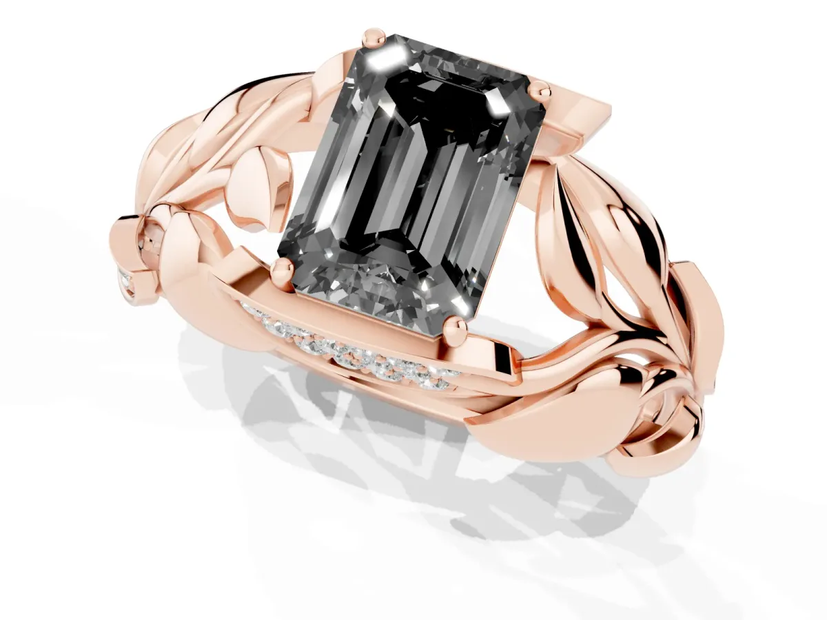 Fancy Black Emerald Cut Diamond Leaf-Inspired Engagement Ring with Round Accents and Prong Setting Rose gold