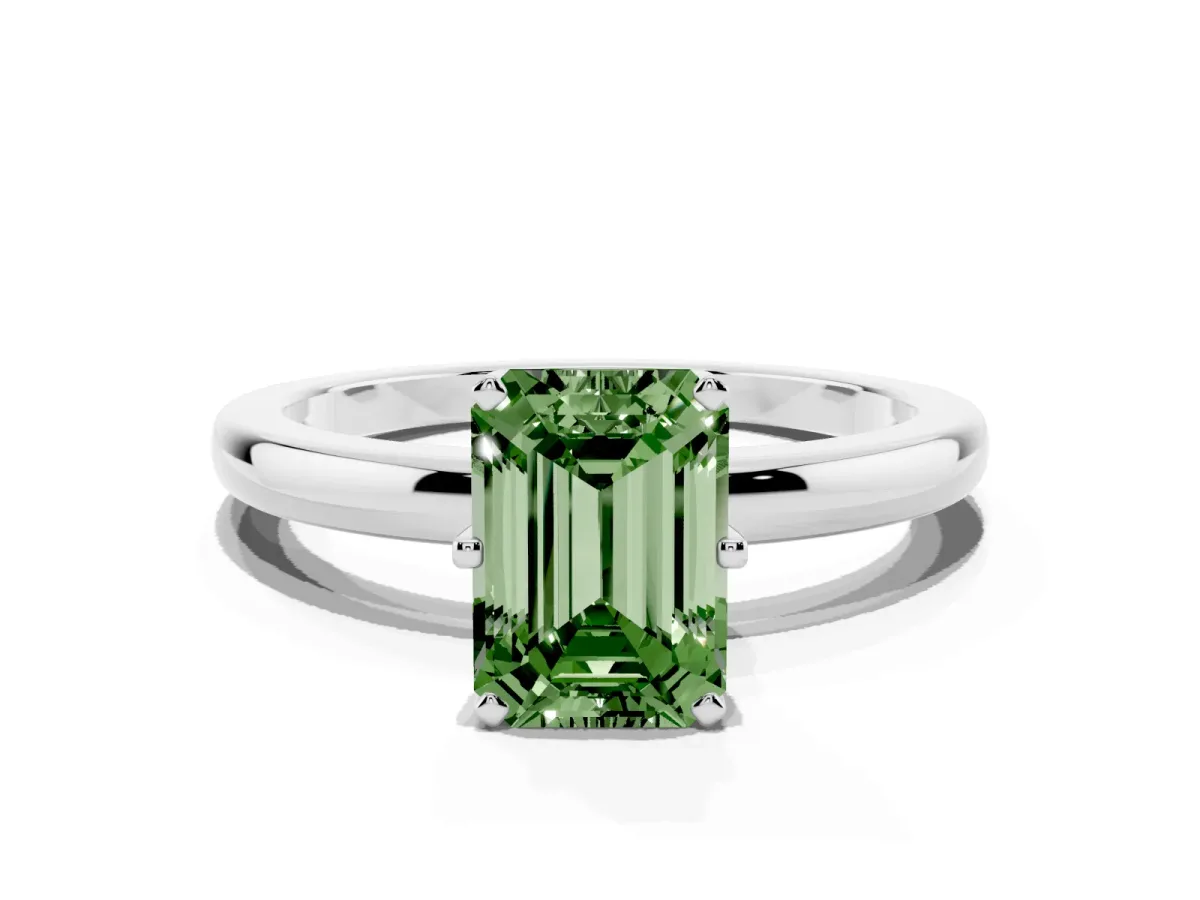 Fancy Green Emerald Cut Solitaire Diamond Ring with Six-Prong Setting on a Classic Band Platinum