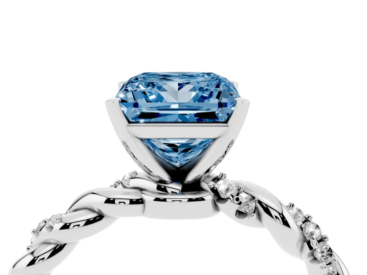Fancy Blue Princess Cut Diamond Solitaire Ring with Twisted Band and Pavé Accents Silver
