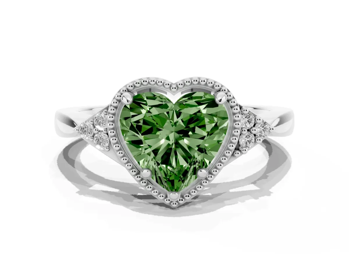 Fancy Green Hexagonal Halo Heart Cut Diamond Solitaire with Pavé Band and Four-Prong Setting Silver