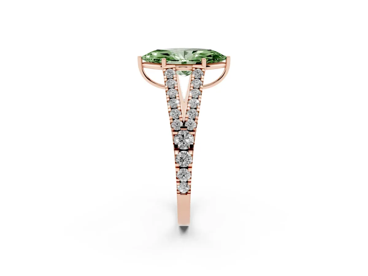 Fancy Green Marquise Cut Diamond Split Shank Pavé Engagement Ring with Four-Prong Setting Rose gold