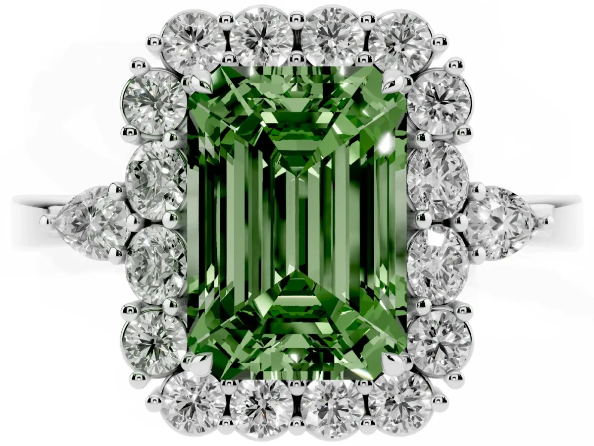 Fancy Green Emerald Cut Diamond Halo Ring with Pear Side Stones and Prong Setting Silver