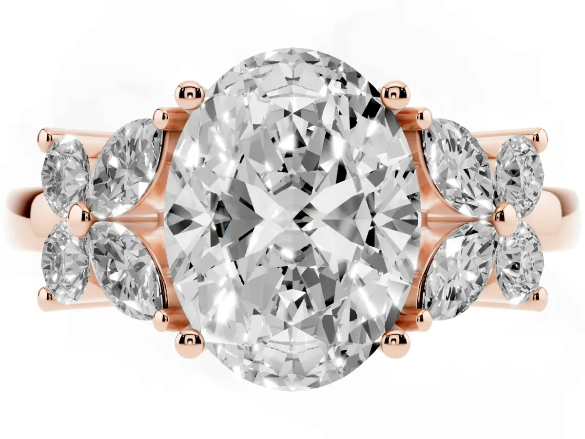 Oval Cut Diamond Floral Cluster Ring with Solitaire Band and Prong Setting Rose gold