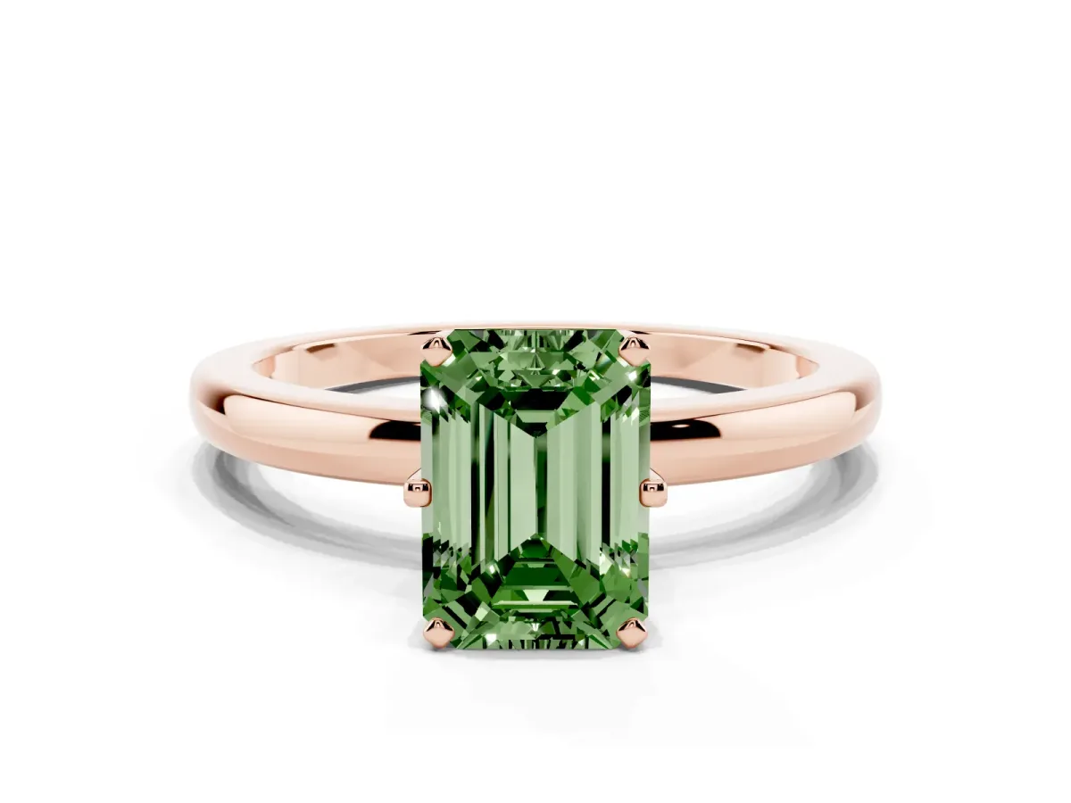 Fancy Green Emerald Cut Solitaire Diamond Ring with Six-Prong Setting on a Classic Band Rose gold