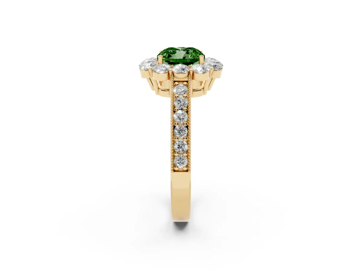Fancy Green Cushion Cut Cut Halo Diamond Pavé Engagement Ring with Milgrain Detailing Yellow gold
