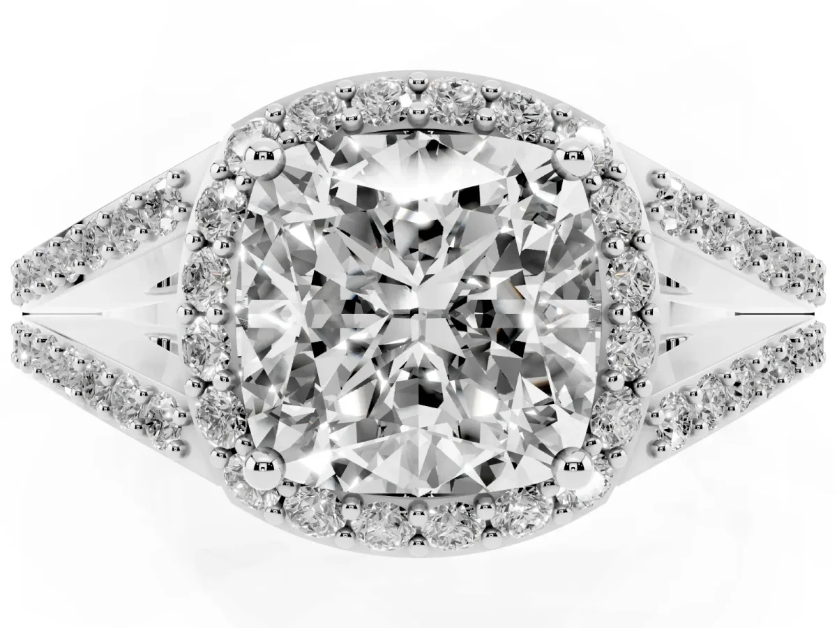 Cushion Cut Halo Split Shank Diamond Ring with Prong Setting Silver