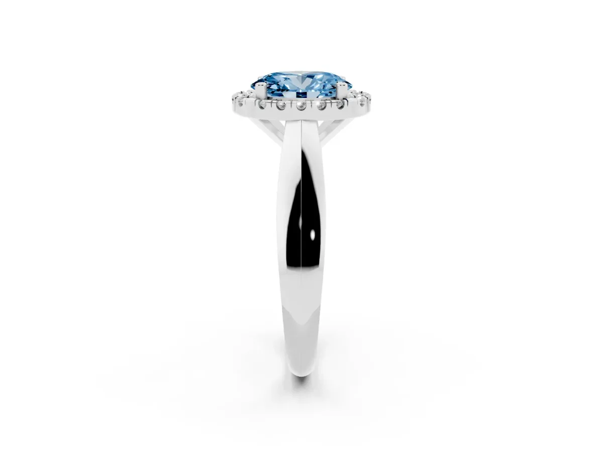 Fancy Blue Oval Cut Cut Halo Solitaire Engagement Ring with Square Band and Four-Prong Setting Silver