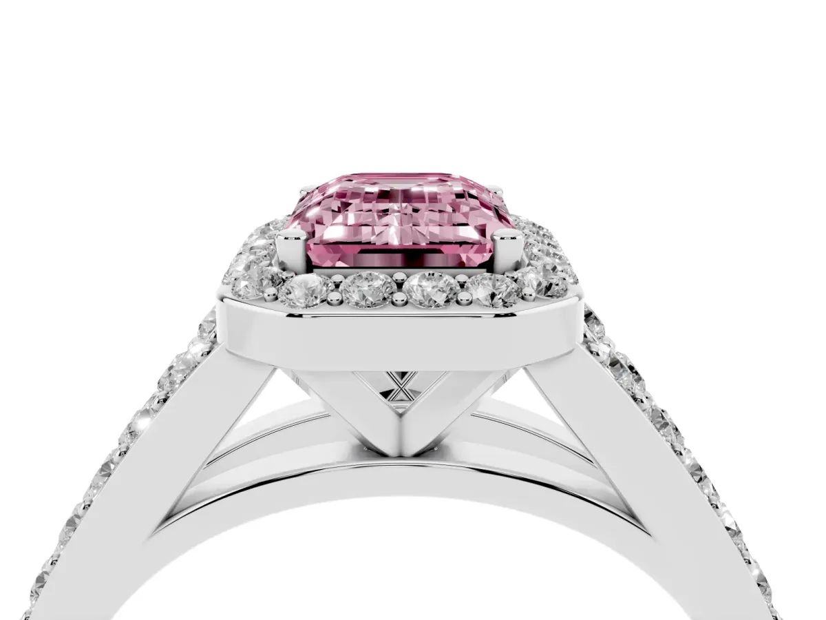 Fancy Pink Emerald Cut Diamond Split Shank Halo Ring with Four-Prong Setting Silver