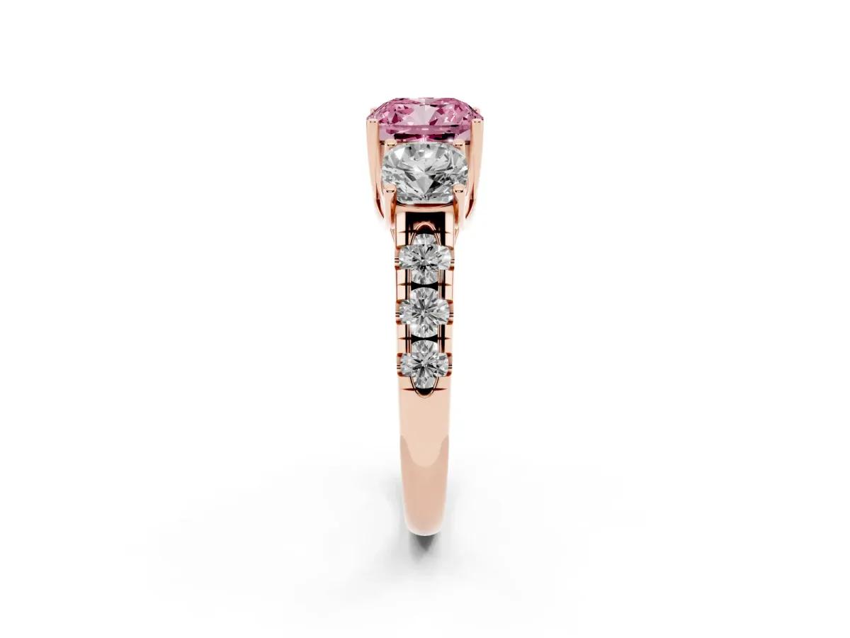 Fancy Pink Three-Stone Cushion Cut Diamond Pavé Band with Prong Setting Rose gold