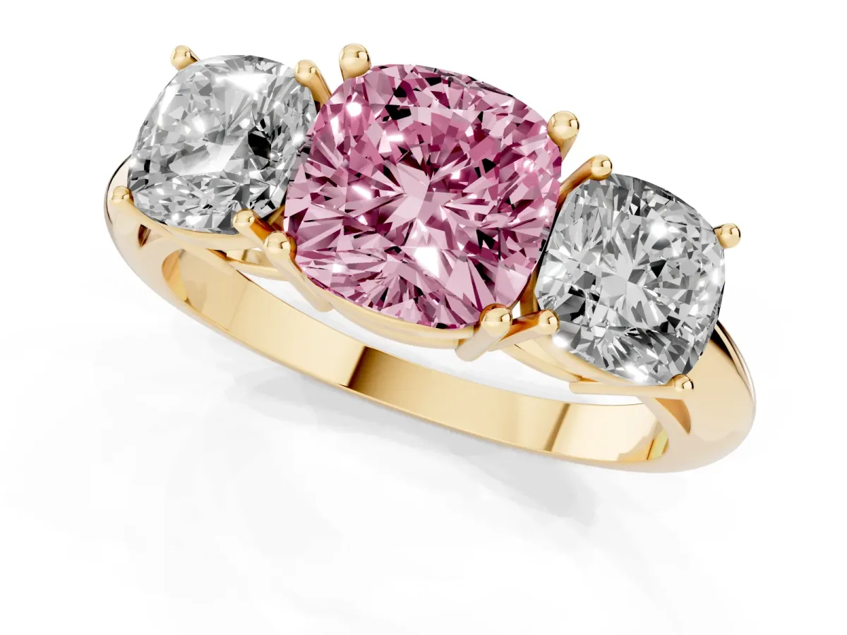 Fancy Pink Three-Stone Cushion Cut Cut Diamond Engagement Ring with Prong Setting on a White Gold Band Yellow gold