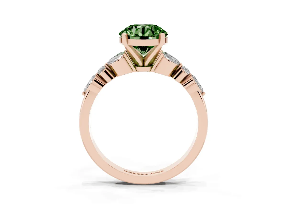 Fancy Green Round Cut Diamond Solitaire Ring with Side Stones and Four-Prong Setting Rose gold