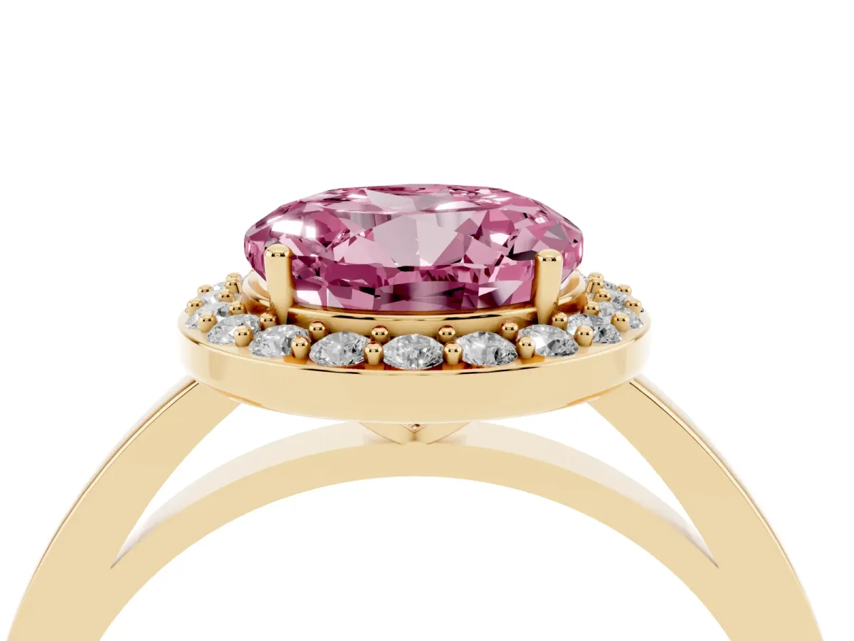 Fancy Pink Round Cut Halo Diamond Ring with Solitaire Band and Prong Setting Yellow gold