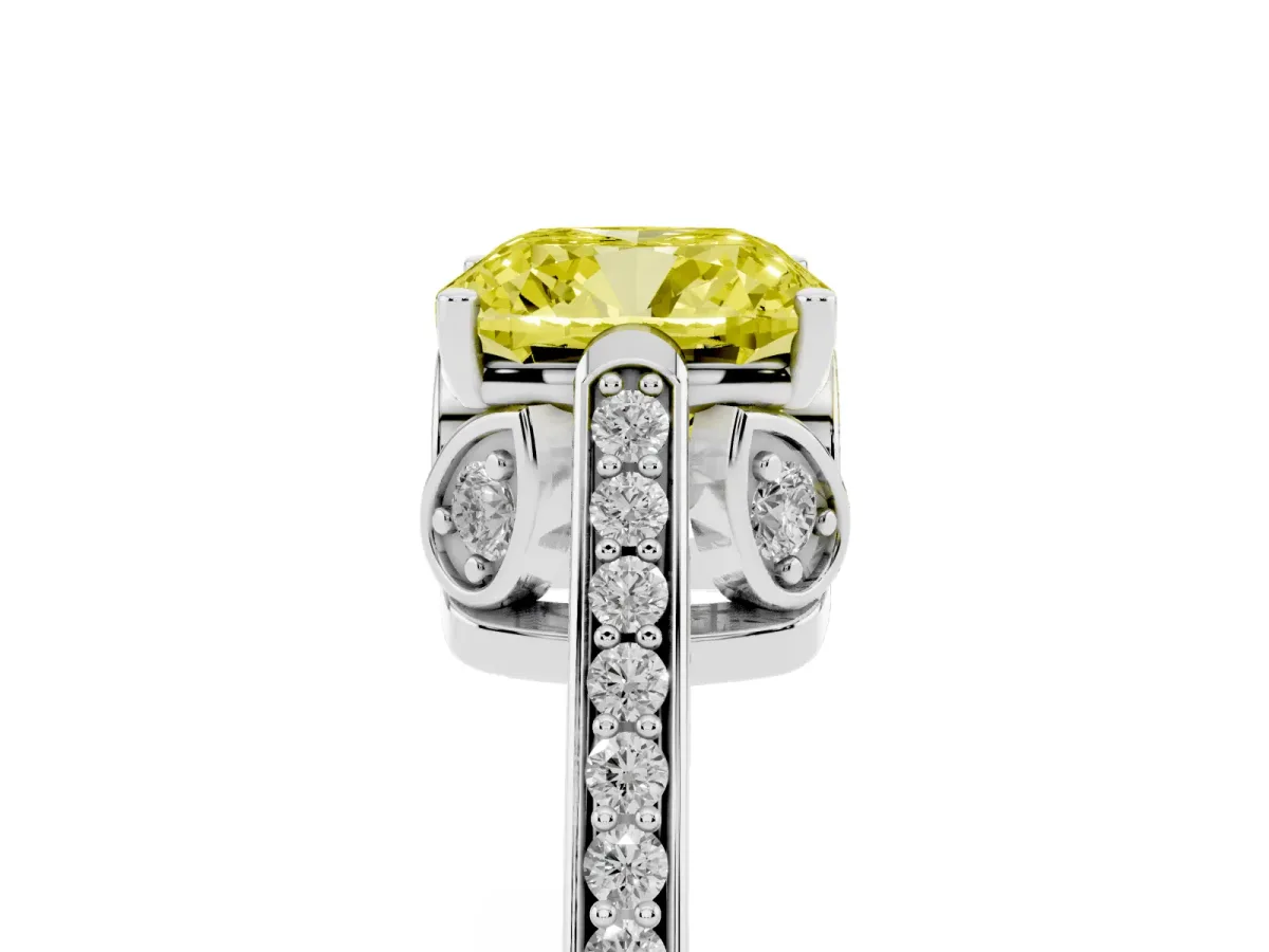 Fancy Yellow Cushion Cut Cut Cathedral Pave Diamond Engagement Ring with Six-Prong Setting Silver