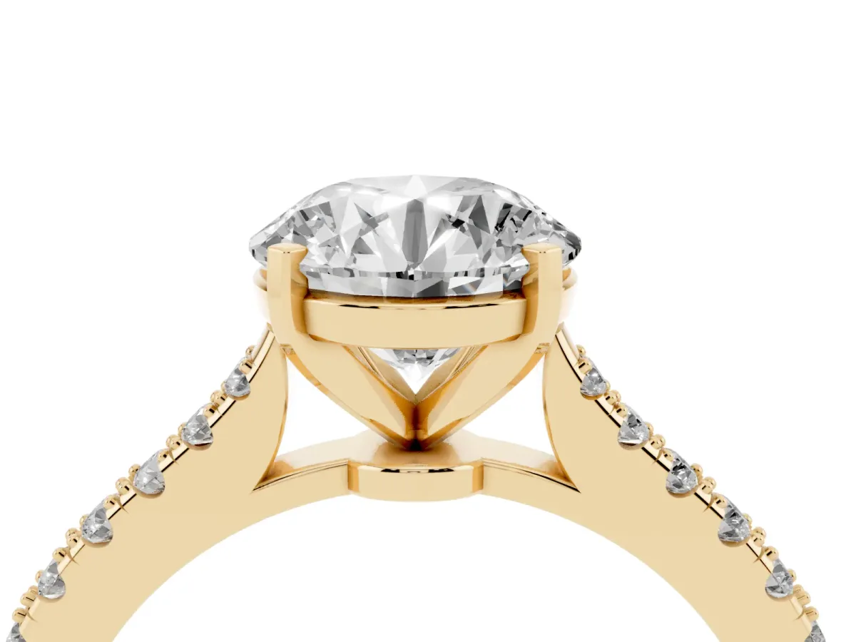 Round Cut Cut Solitaire Diamond Engagement Ring with Pave Band and Four-Prong Setting Yellow gold