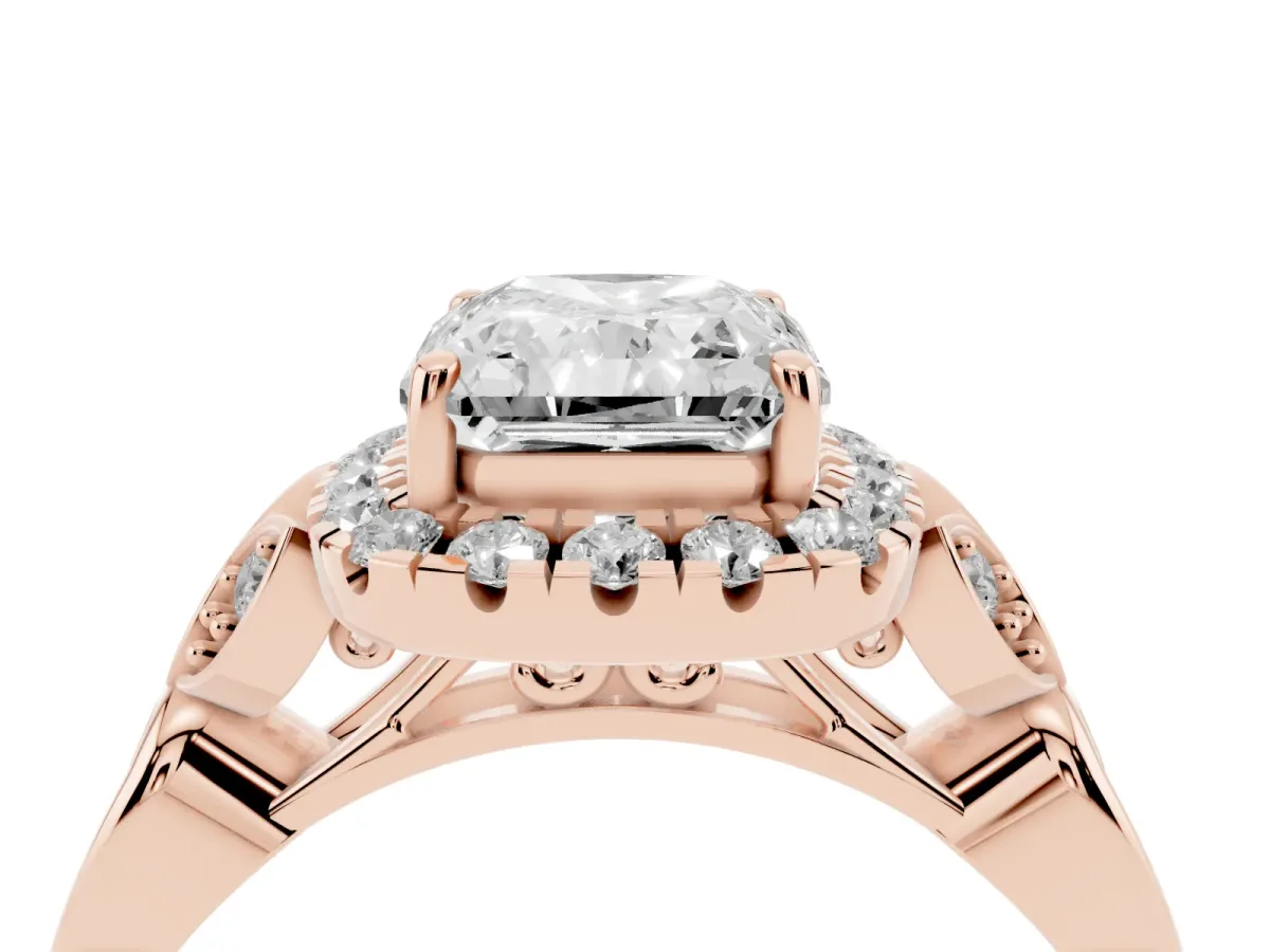 Radiant Cut Halo Diamond Engagement Ring with Vintage-Inspired Band and Four-Prong Setting Rose gold