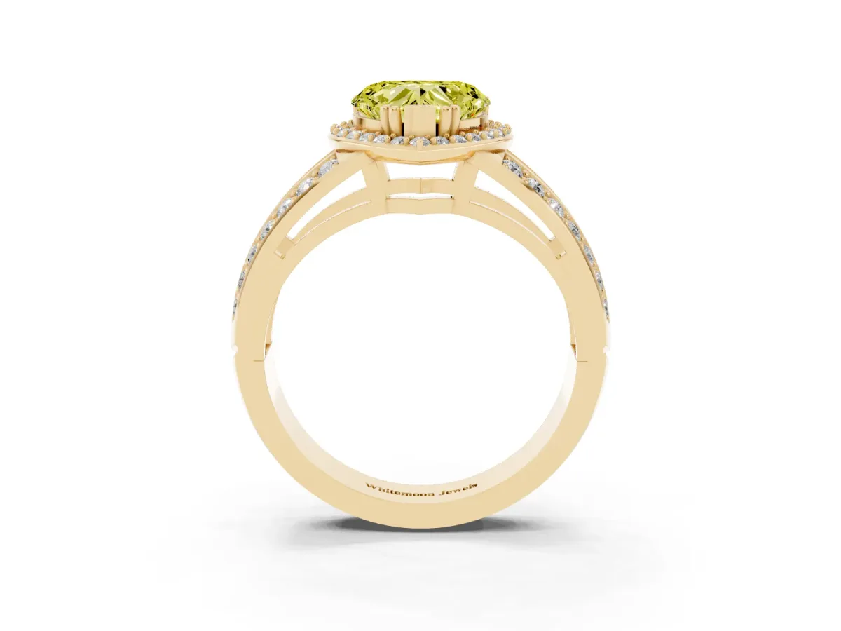 Fancy Yellow Heart Cut Diamond Halo Ring with Split Shank Pavé Band and Four-Prong Setting Yellow gold