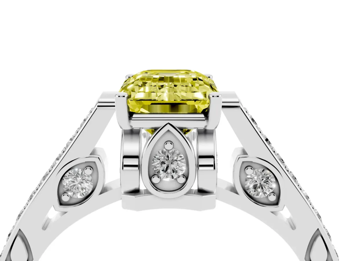 Fancy Yellow Emerald Cut Cut Cathedral Pave Diamond Engagement Ring with Six-Prong Setting Platinum