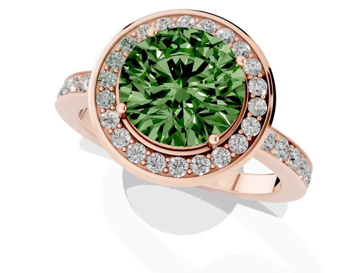 Fancy Green Round Cut Diamond Halo Ring with Bezel Frame and Pavé Band Rose gold
