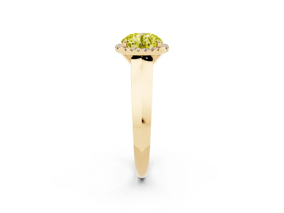 Fancy Yellow Round Cut Halo Diamond Ring with Cathedral Band and Four-Prong Setting Yellow gold