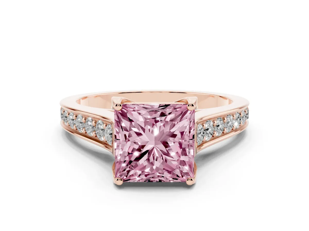 Fancy Pink Princess Cut Brilliant Cut Diamond Engagement Ring with Pavé Band and Four-Prong Setting Rose gold