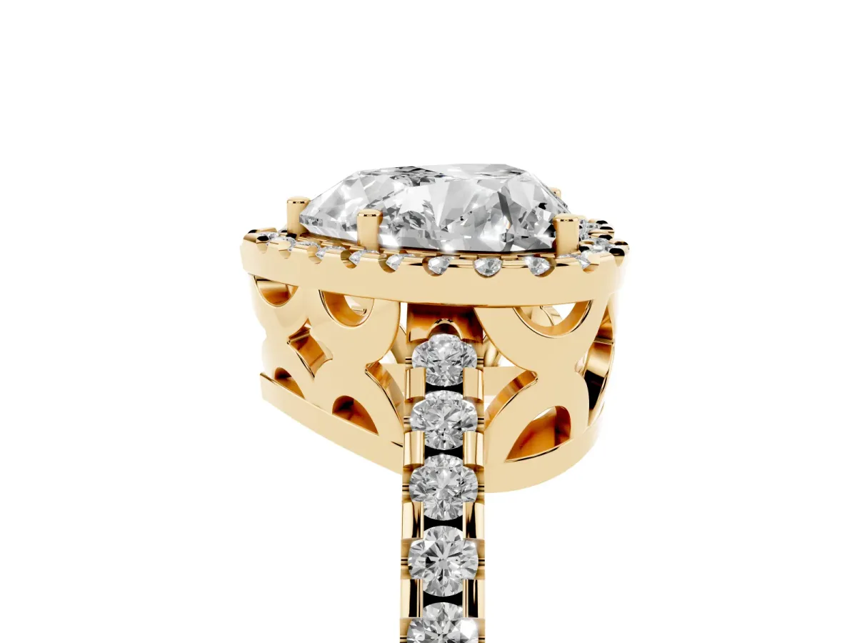 Heart Cut Diamond Halo Engagement Ring with Pavé Band and Prong Setting Yellow gold
