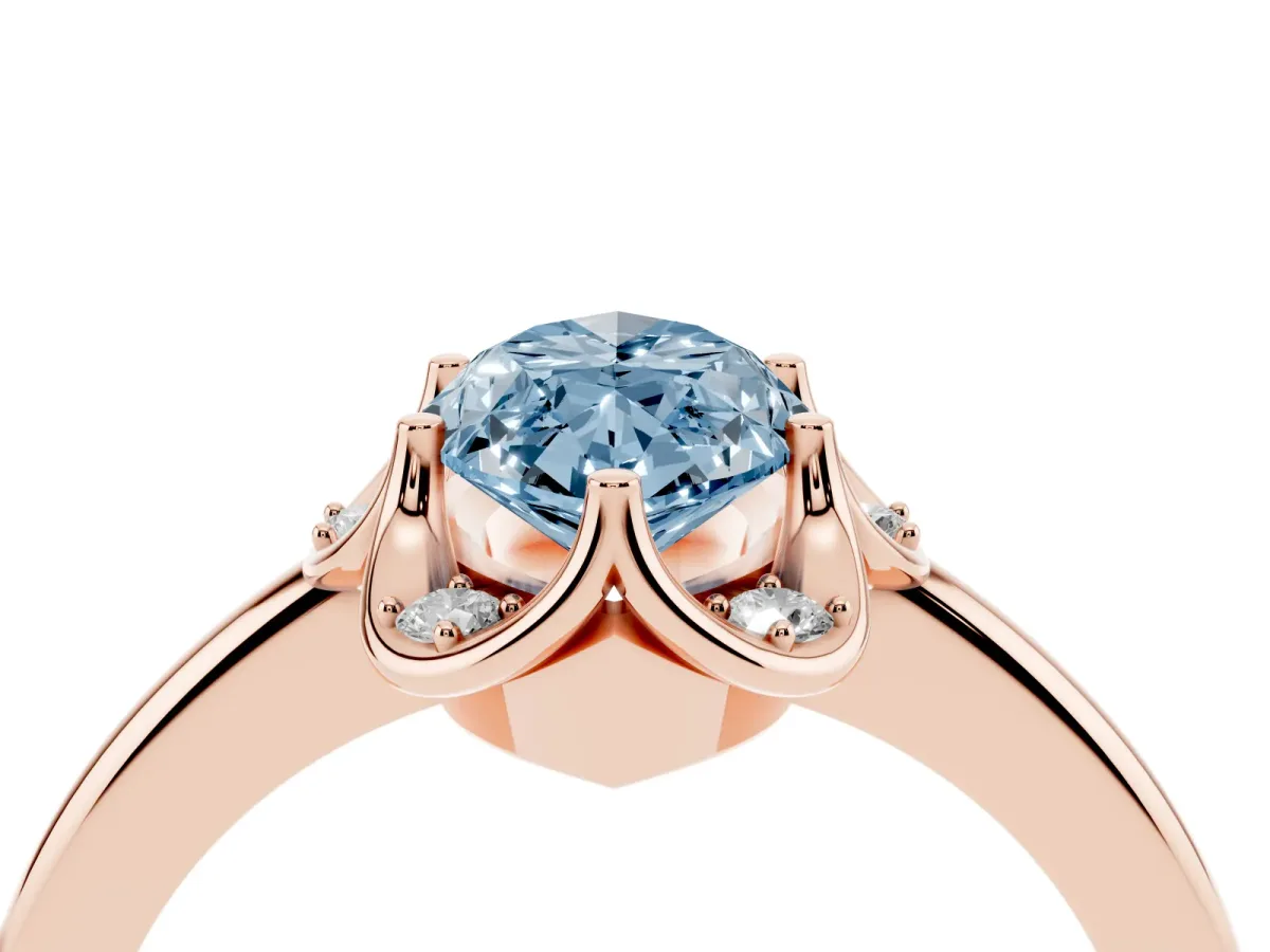 Fancy Blue Marquise Cut Halo Diamond Ring with Round Cluster Setting, Solitaire Band, and Four-Prong Setting Rose gold