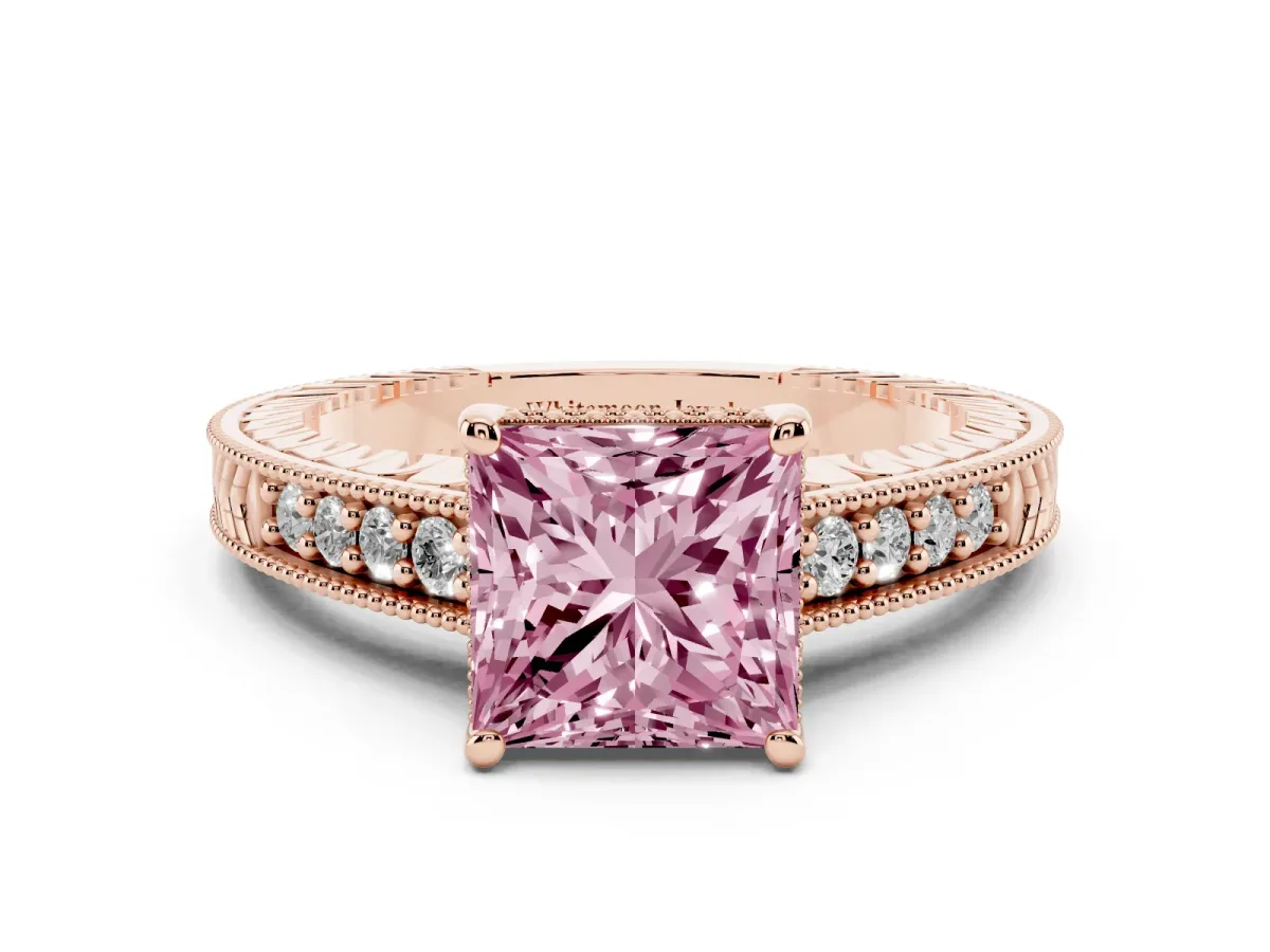 Fancy Pink Princess Cut Solitaire Pavé Diamond Milgrain Engagement Ring with Four-Prong Setting Rose gold