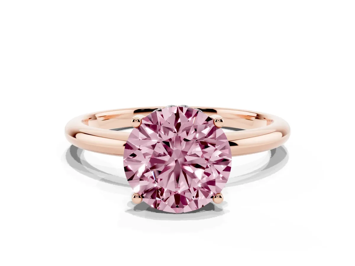 Fancy Pink Round Cut Cut Solitaire Engagement Ring with Four-Prong Setting and Classic Band Rose gold
