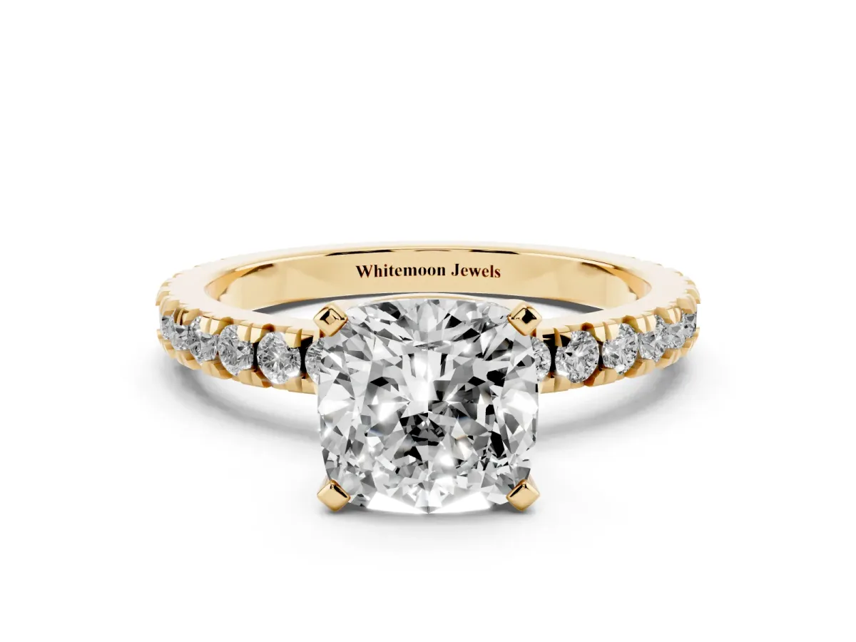 Cushion Cut Diamond Pavé Band Solitaire with Four-Prong Setting Yellow gold
