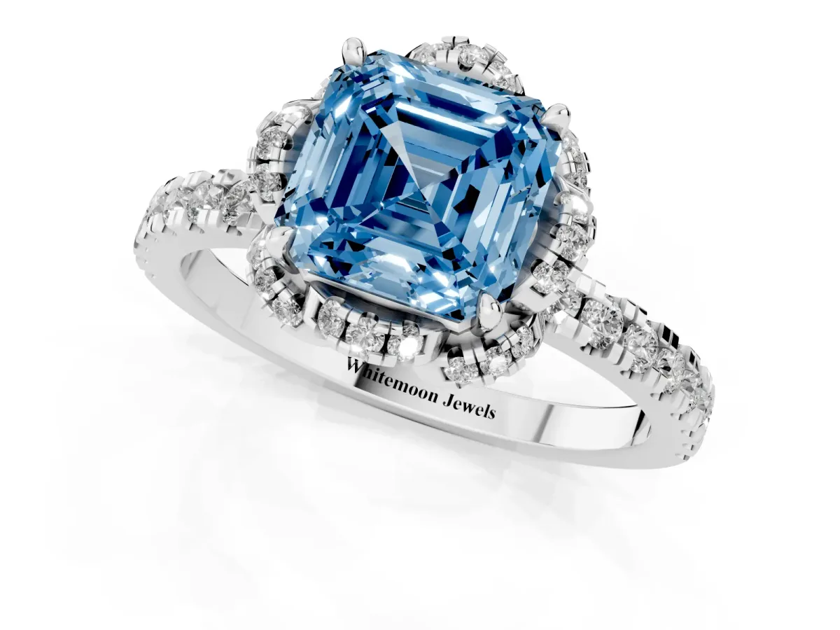 Fancy Blue Asscher Cut Diamond Halo Pave Band with Four-Prong Setting Silver
