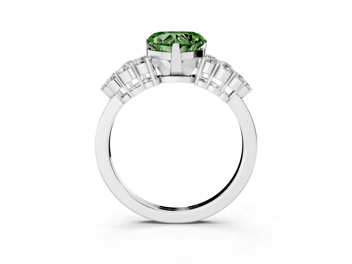 Fancy Green Heart Cut Cluster Diamond Engagement Ring with Pavé Band and Four-Prong Setting Silver