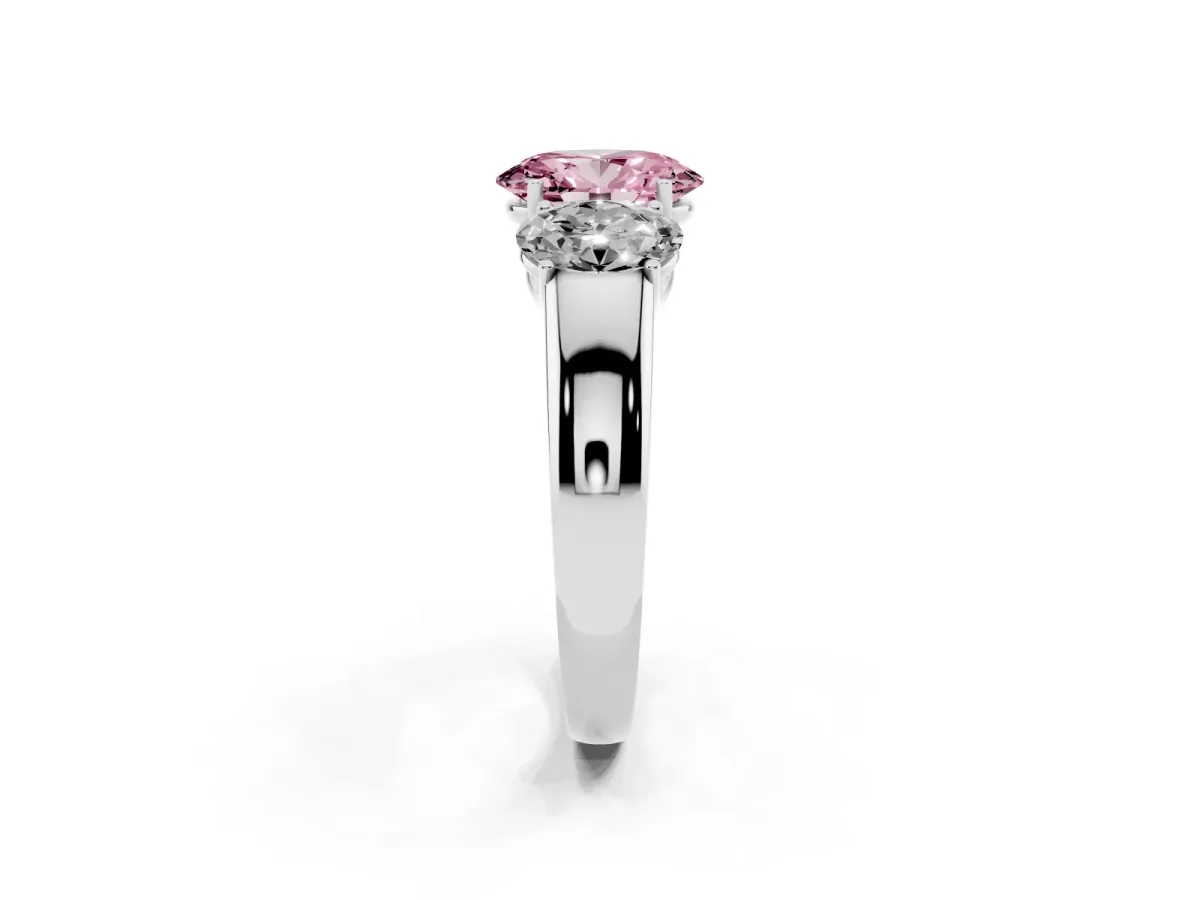 Fancy Pink Three-Stone Oval Cut Cut Diamond Ring with Prong Setting and Classic Band Platinum