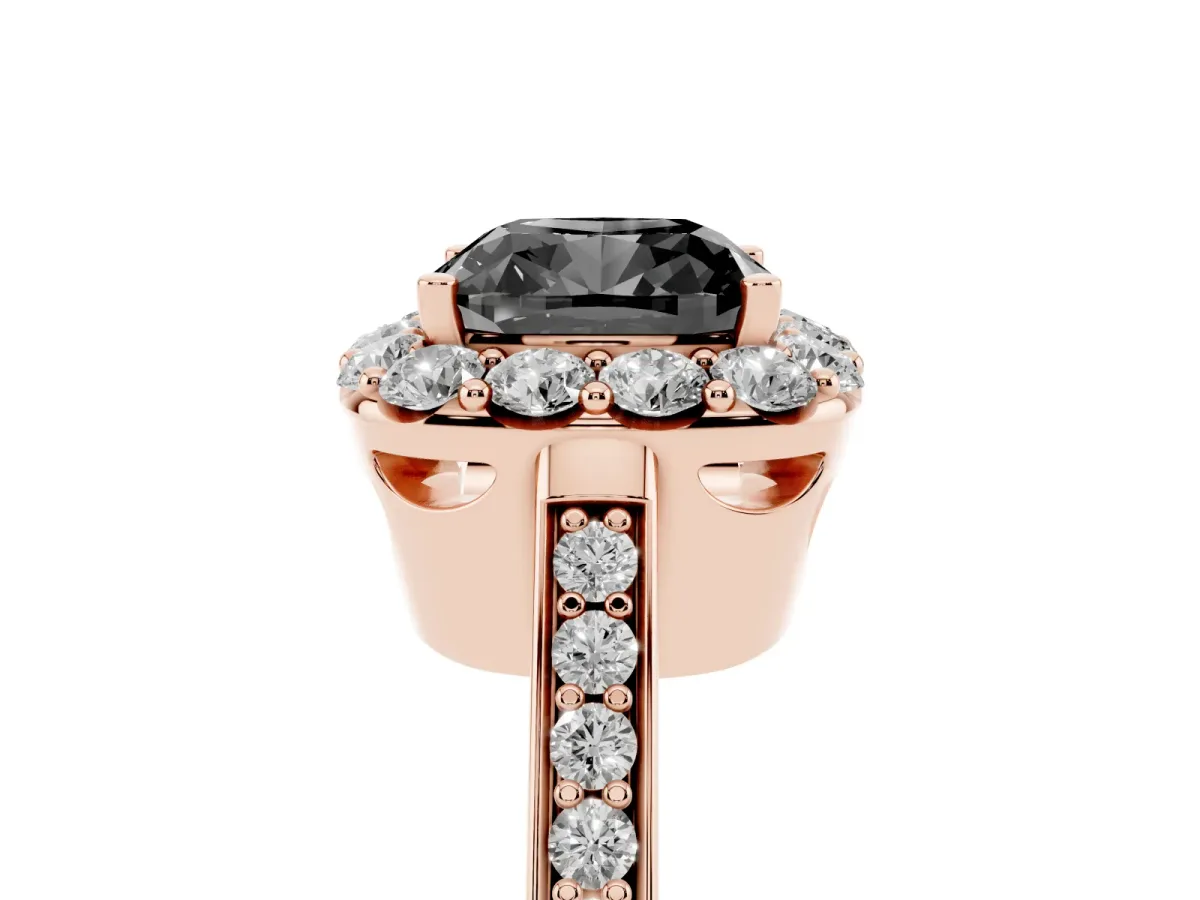 Fancy Black Cushion Cut Diamond Floral Halo Ring with Pavé Band and Prong Setting Rose gold