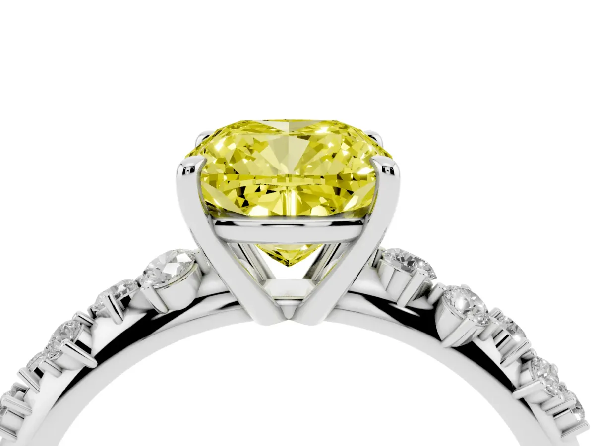 Fancy Yellow Cushion Cut Diamond Cluster Side Stone Solitaire Ring with Prong Setting White gold