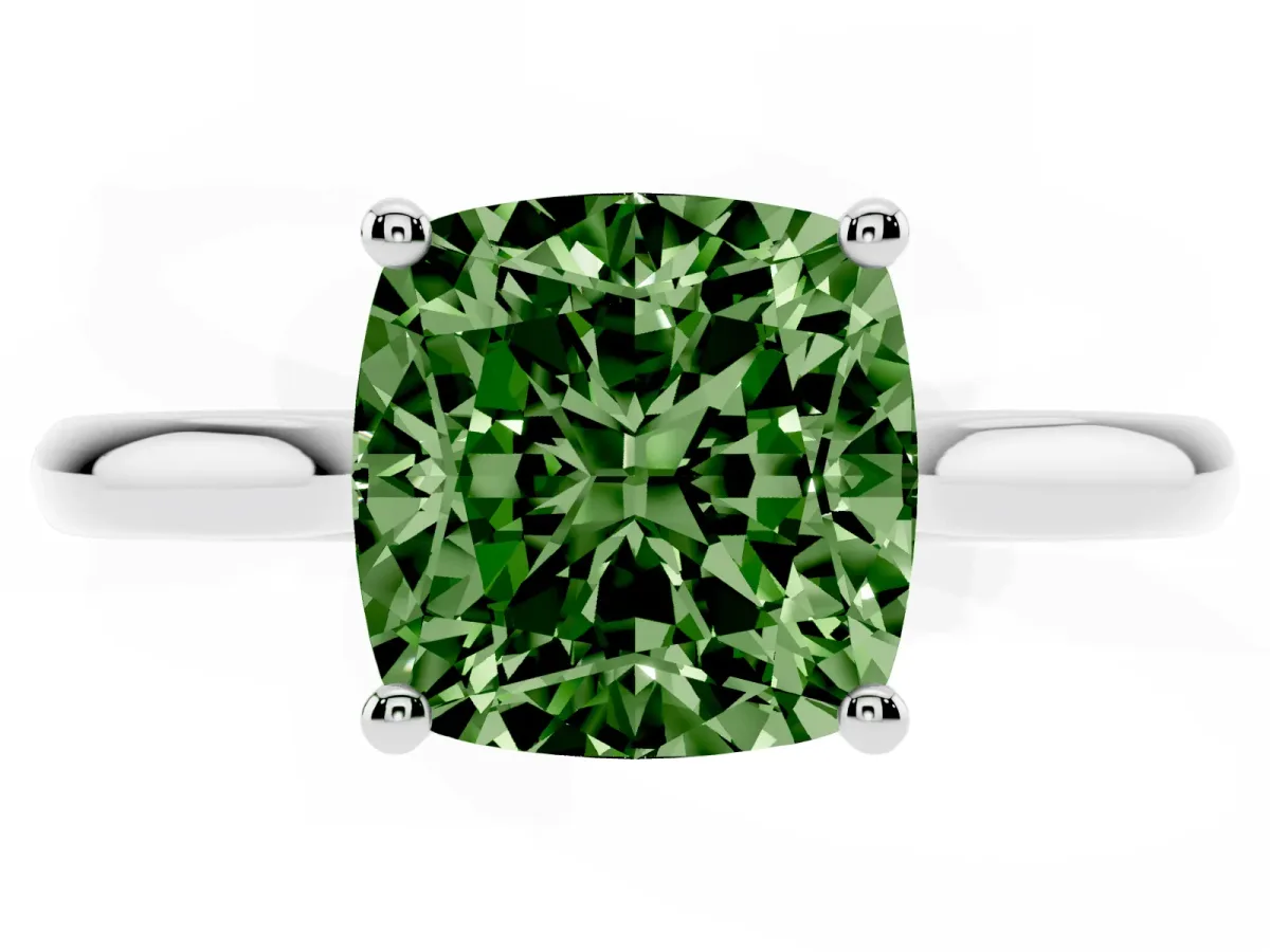 Fancy Green Cushion Cut Cut Solitaire Ring with Cathedral Band and Four-Prong Setting Silver