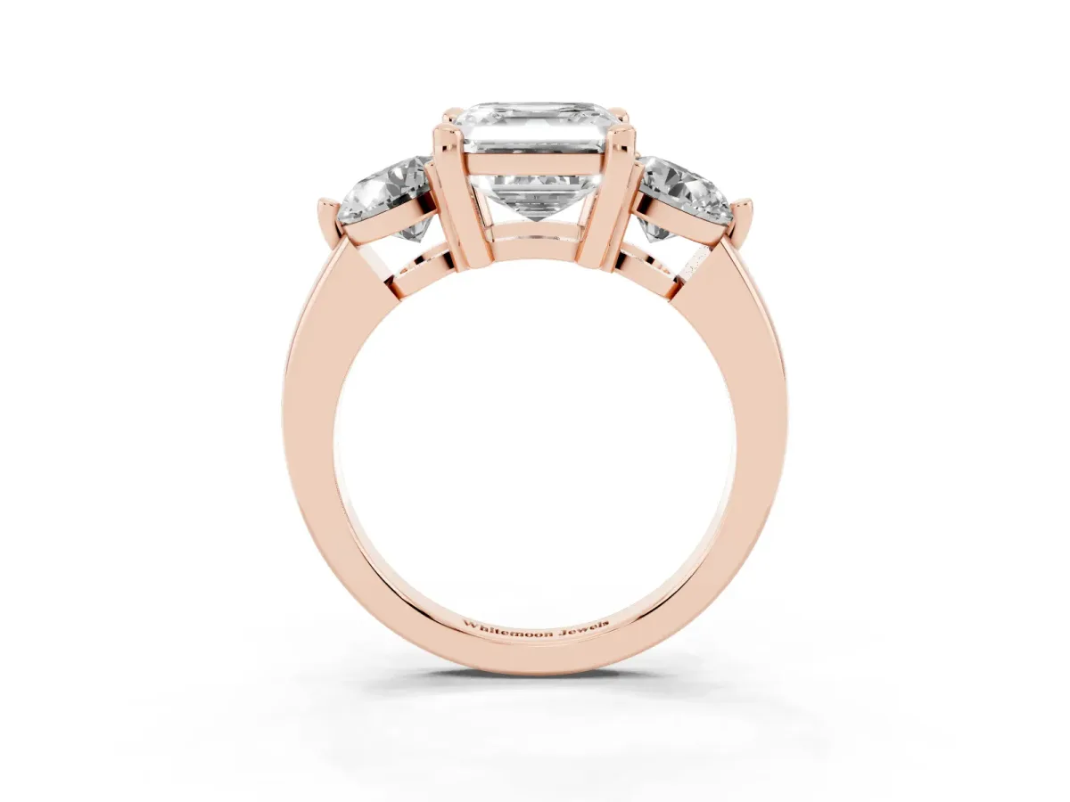 Three-Stone Asscher Cut Brilliant Cut Solitaire Ring with Prong Setting on a Classic Band Rose gold