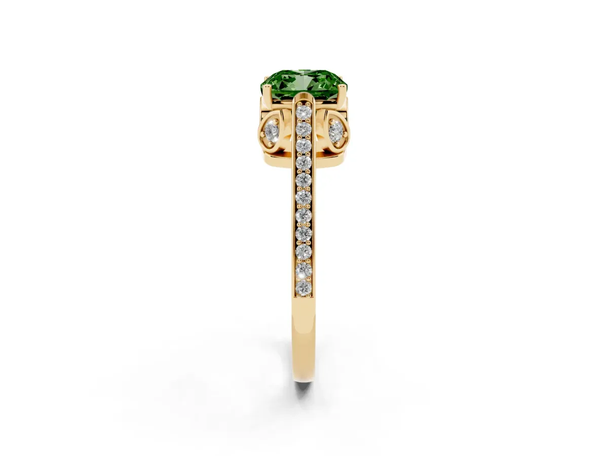 Fancy Green Cushion Cut Cut Cathedral Pave Diamond Engagement Ring with Six-Prong Setting Yellow gold