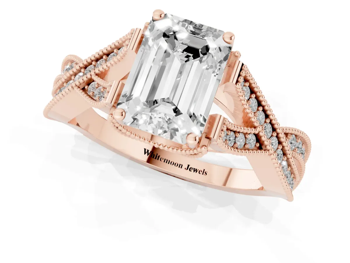 Emerald Cut Cut Diamond Twisted Band with Milgrain Pave Setting and Four-Prong Setting Rose gold