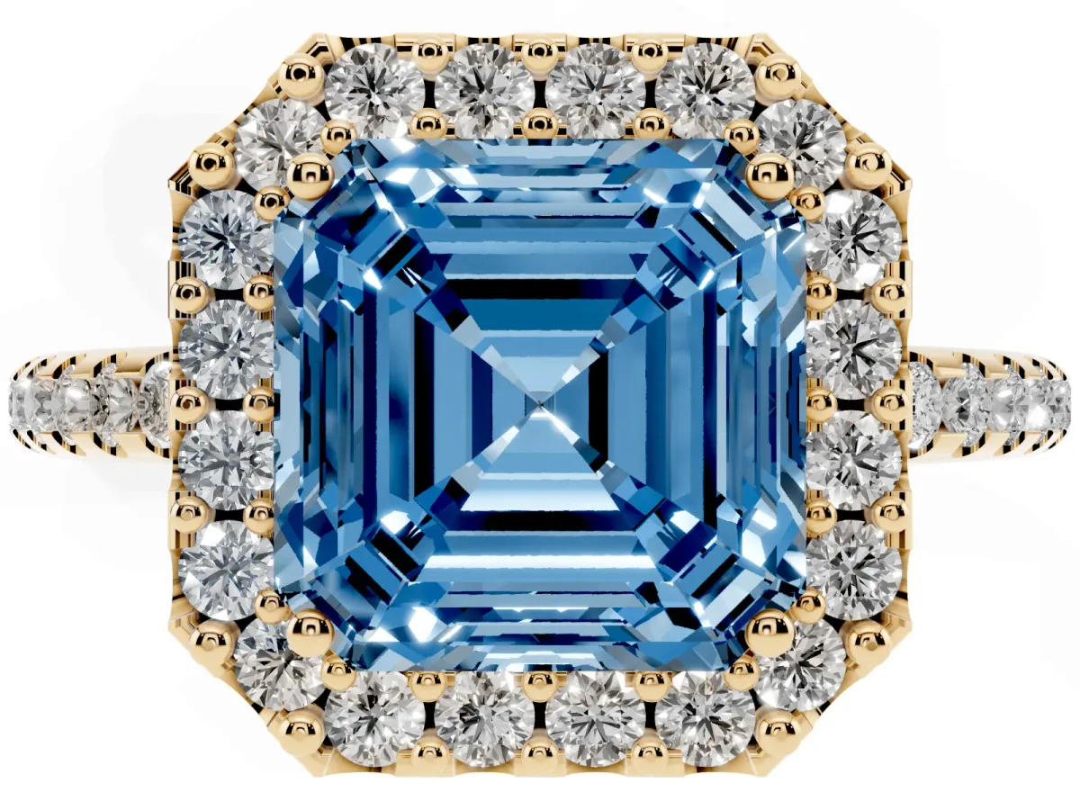 Fancy Blue Asscher Cut Diamond Pavé Halo Ring with Four-Prong Setting Yellow gold