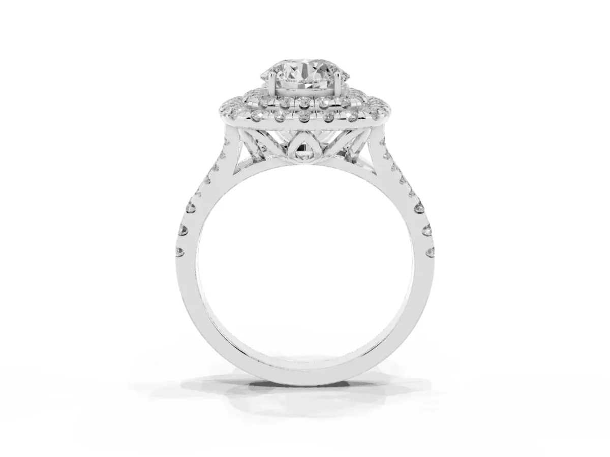 Double Halo Round Cut Diamond Pavé Split Shank Ring with Prong Setting Silver