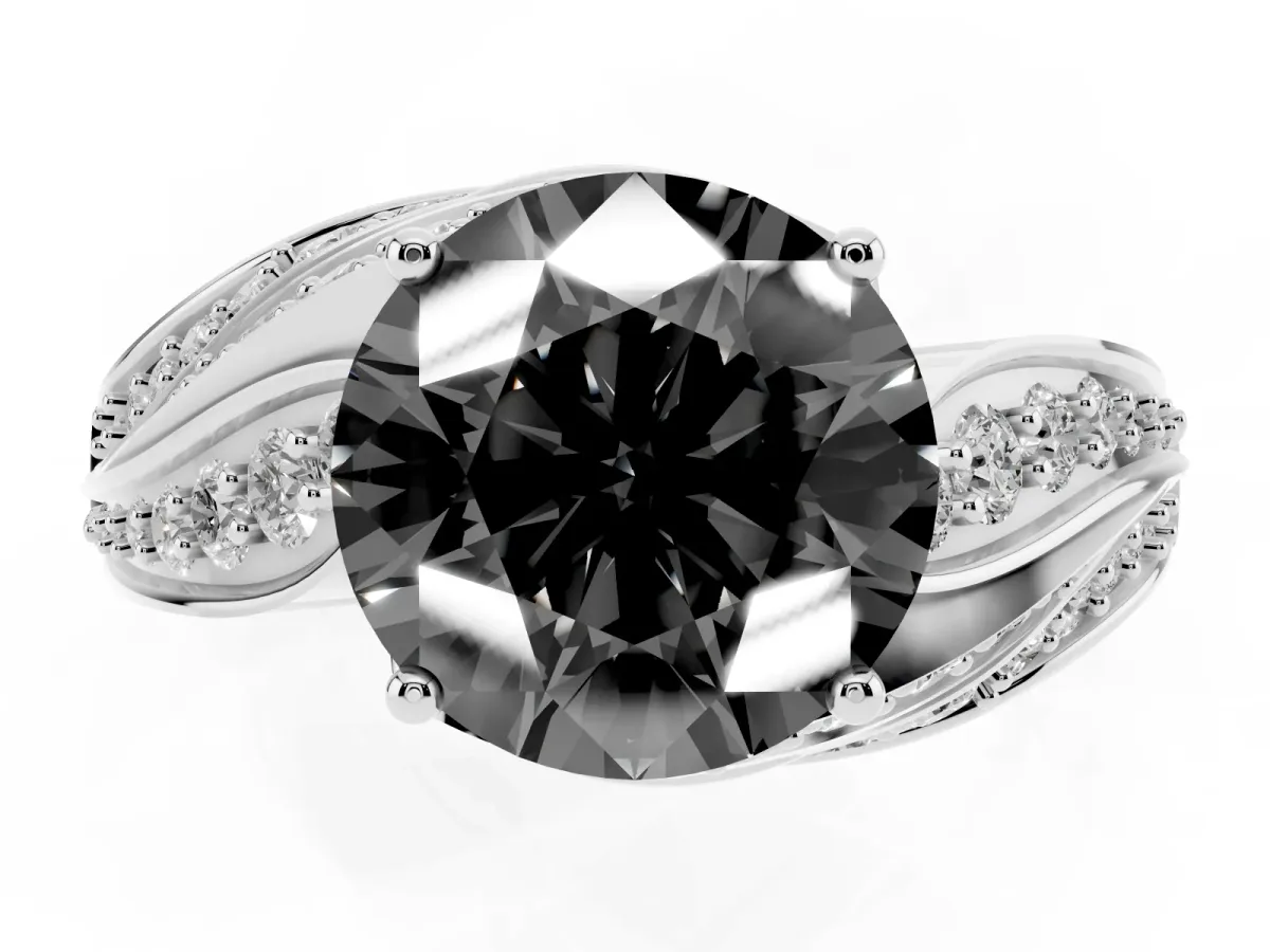 Fancy Black Round Cut Diamond Solitaire Ring with Prong Setting and Twisted Pavé Band Silver