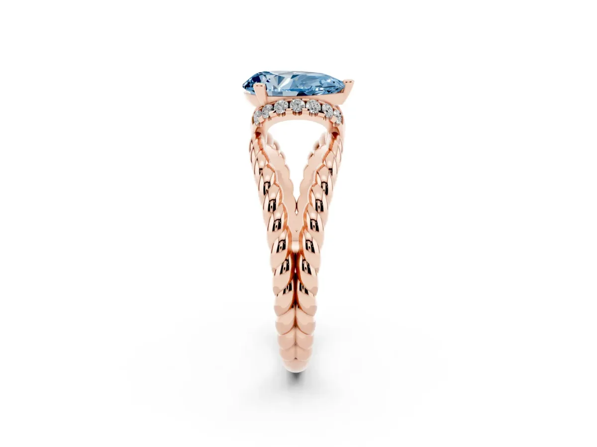 Fancy Blue Pear Cut Halo Twisted Band Four-Prong Ring Rose gold